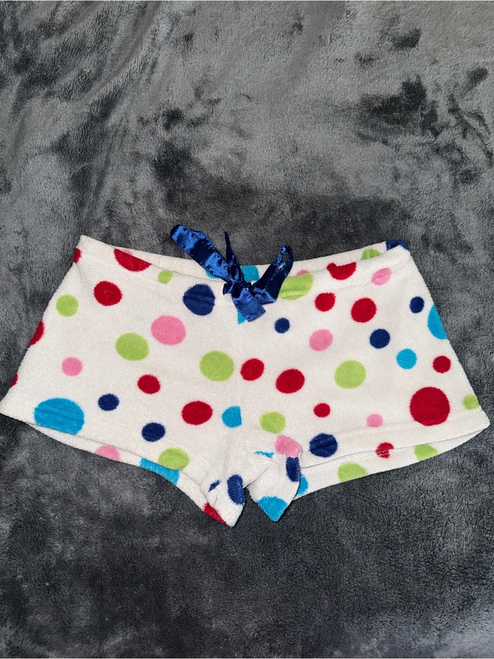 No Boundaries White Polka Dot Lounge Shorts with Blue Ribbon Accent